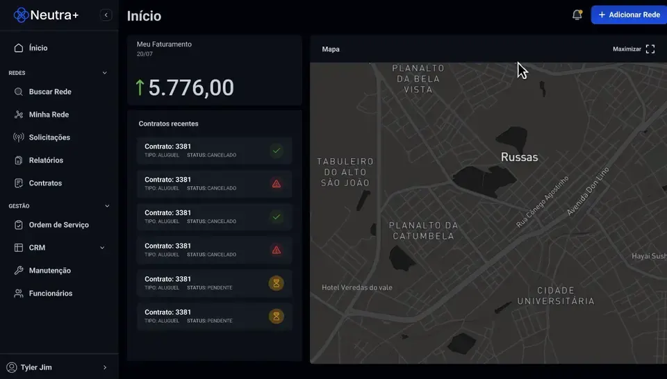 Painel inicial da Neutra+ com faturamento, contratos recentes e mapa da rede